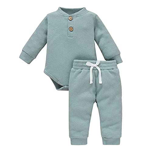 Neugeborene Unisex 2 Stück Baby Kleidung Junge Mädchen Solid Button Bodysuit Strampler Langarm Tops Kordelzug Hosen Strick Outfit von WangsCanis