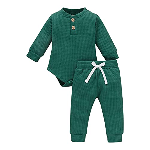 Neugeborene Unisex 2 Stück Baby Kleidung Junge Mädchen Solid Button Bodysuit Strampler Langarm Tops Kordelzug Hosen Strick Outfit von WangsCanis