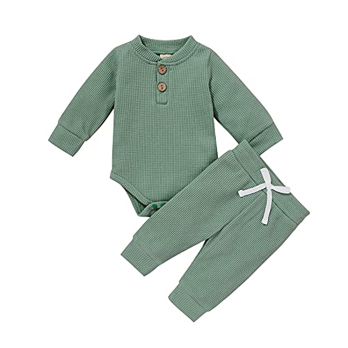 Neugeborene Unisex 2 Stück Baby Kleidung Junge Mädchen Solid Button Bodysuit Strampler Langarm Tops Kordelzug Hosen Strick Outfit von WangsCanis