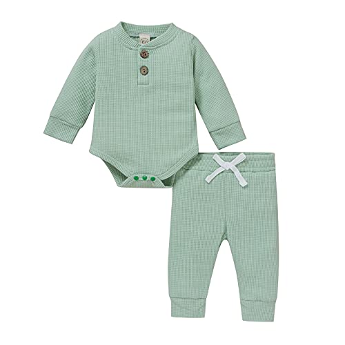 Neugeborene Unisex 2 Stück Baby Kleidung Junge Mädchen Solid Button Bodysuit Strampler Langarm Tops Kordelzug Hosen Strick Outfit von WangsCanis