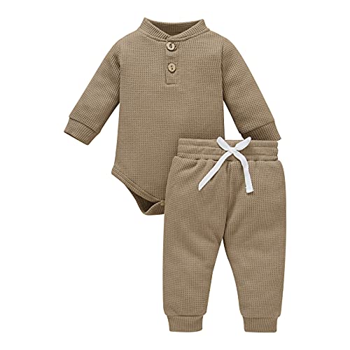 Neugeborene Unisex 2 Stück Baby Kleidung Junge Mädchen Solid Button Bodysuit Strampler Langarm Tops Kordelzug Hosen Strick Outfit von WangsCanis