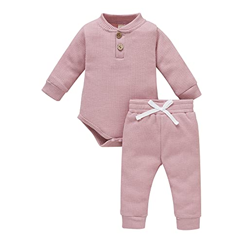 Neugeborene Unisex 2 Stück Baby Kleidung Junge Mädchen Solid Button Bodysuit Strampler Langarm Tops Kordelzug Hosen Strick Outfit von WangsCanis