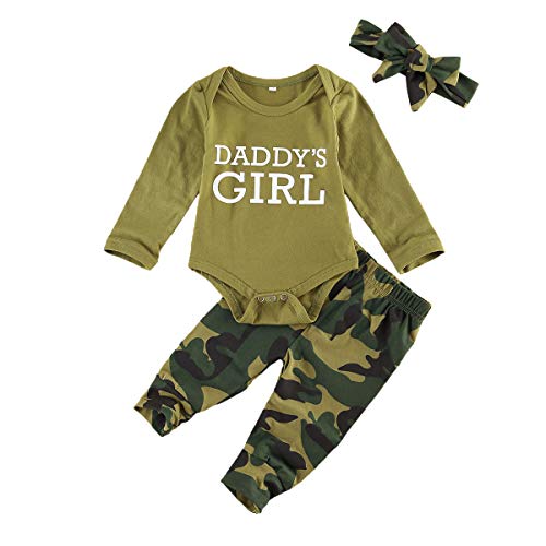 Neugeborenes Baby 3tlg Outfit Set Papas' Mädchen Junge Langarm Strampler Bodys + Tarnhose + Stirnband/Hut Kleidung (Papas' Mädchen, 9-12 Monate) von WangsCanis