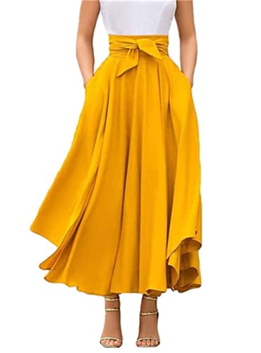 Sommer und Herbst Damen Hohe Taille Maxirock Retro Mode Elegante Fliege Einfarbig Rüschen Langer Rock(Gelb, XXL) von WangsCanis