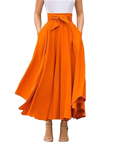 Sommer und Herbst Damen Hohe Taille Maxirock Retro Mode Elegante Fliege Einfarbig Rüschen Langer Rock(Orange,S) von WangsCanis