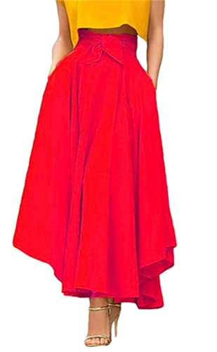 Sommer und Herbst Damen Hohe Taille Maxirock Retro Mode Elegante Fliege Einfarbig Rüschen Langer Rock(Rot,S) von WangsCanis