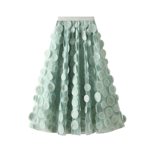 Tüllrock Damen 3D Polka Dot Faltenrock Mesh Flowy Geburtstag Hochzeitsfeier Einfarbig Lang Rock (Grün, One Size) von WangsCanis