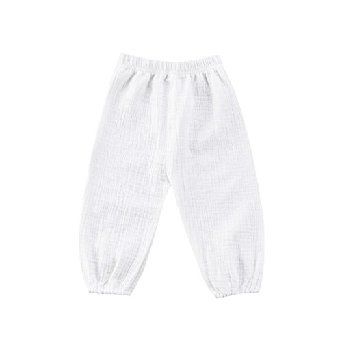 Unisex Baby Kinder Hose Leinen Baumwolle Beiläufige Pumphose Elastische Manschette Lange Hosen (Weiß, 6-12 Monate/80) von WangsCanis