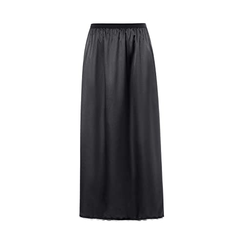 Unterrock für Damen, Frauen Satin Lang Rock mit Spitzensaum Underskirt Kleidern Rock Petticoat für Röcke (Schwarz, L) von WangsCanis