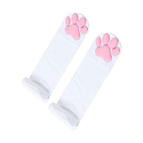 WangsCanis 3D Katze Pfote Pads Seide Oberschenkel hohe Socken, Lolita Rollenspiel Look Zubehör Socken für Mädchen und Frauen (weiß rosa, One Size) von WangsCanis