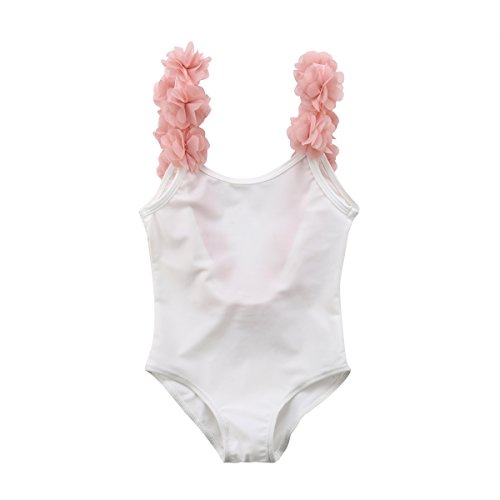 WangsCanis Baby Mädchen Schulterfrei Overall Bademode Elegant Blumen Schultergurt Rückenfrei Badeanzug Schwimmanzug (120/6-7Jahre alt, Weiß) von WangsCanis