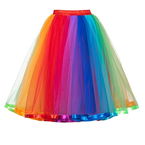 WangsCanis Bunter Tüllrock Damen Regenbogen Garn 50Er Rockabilly Petticoat Tutu Unterrock Partykleid Karneval Ballett Tanzrock (Bunter, L) von WangsCanis