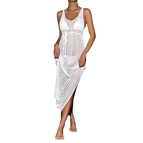 WangsCanis Damen-Bikini-Cover-Ups, einfarbig, hohl, ärmellos, rückenfrei, mit Gürtel, Strandkleid mit Seitenschlitzen, Bademode, Bluse (Weiß, Einheitsgröße) von WangsCanis