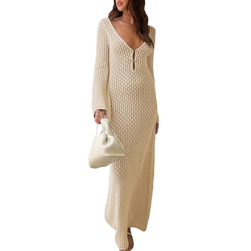 WangsCanis Damen Durchsichtiges Strickkleid Langärmelig Gehäkelt Maxi Figurbetontes Kleid Rückenfrei Strandkleid Bikini-Überzug (Beige, M) von WangsCanis