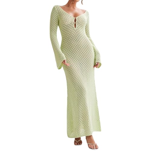 WangsCanis Damen Durchsichtiges Strickkleid Langärmelig Gehäkelt Maxi Figurbetontes Kleid Rückenfrei Strandkleid Bikini-Überzug (Grün, S) von WangsCanis