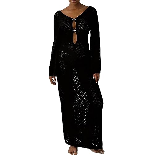 WangsCanis Damen Durchsichtiges Strickkleid Langärmelig Gehäkelt Maxi Figurbetontes Kleid Rückenfrei Strandkleid Bikini-Überzug (Schwarz, L) von WangsCanis