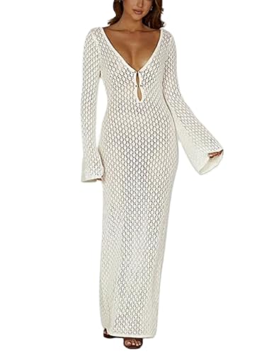 WangsCanis Damen Durchsichtiges Strickkleid Langärmelig Gehäkelt Maxi Figurbetontes Kleid Rückenfrei Strandkleid Bikini-Überzug (Weiß, M) von WangsCanis