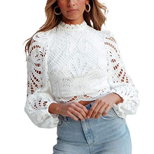 WangsCanis Damen Elegante Vintage Bluse Shirt Top Rundhals mit Langen Puffärmeln Transparent für Frühling/Herbst von WangsCanis