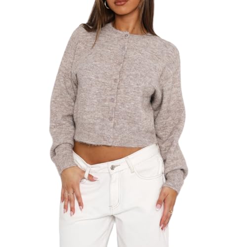 WangsCanis Damen Langarm Strickjacke Rundhalsausschnitt Vorne Knopfverschluss Einfarbig Cropped Fit Pullover Frauen Warm Weich Strickwaren (Hellrosa, M) von WangsCanis