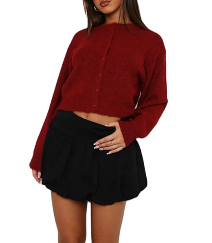WangsCanis Damen Langarm Strickjacke Rundhalsausschnitt Vorne Knopfverschluss Einfarbig Cropped Fit Pullover Frauen Warm Weich Strickwaren (Weinrot, M) von WangsCanis