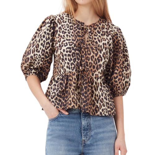 WangsCanis Damen Mode Oberteil mit Schößchen Vorne zum Binden Y2K Hemd Puffärmel Schnürung Schleife Rüschensaum Babydoll Krawatte Blusen (Leopard, S) von WangsCanis