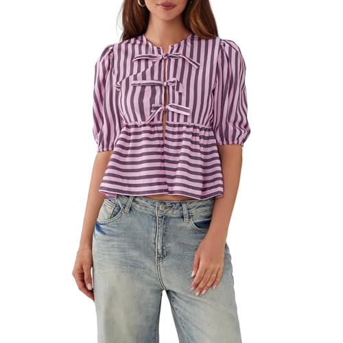 WangsCanis Damen Mode Oberteil mit Schößchen Vorne zum Binden Y2K Hemd Puffärmel Schnürung Schleife Rüschensaum Babydoll Krawatte Blusen (Lila Gestreift, L) von WangsCanis