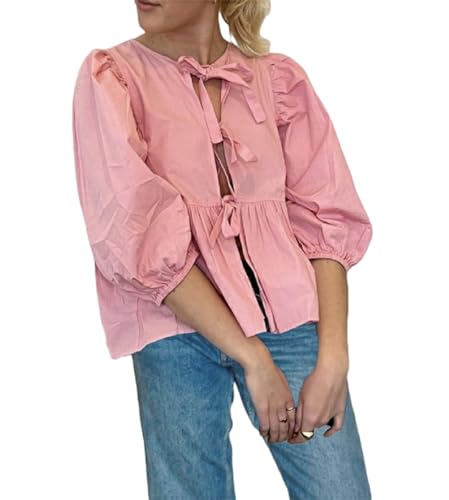WangsCanis Damen Mode Oberteil mit Schößchen Vorne zum Binden Y2K Hemd Puffärmel Schnürung Schleife Rüschensaum Babydoll Krawatte Blusen (Rosa, M) von WangsCanis