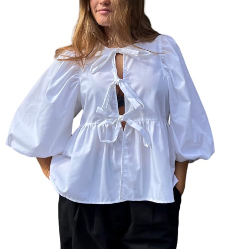 WangsCanis Damen Mode Oberteil mit Schößchen Vorne zum Binden Y2K Hemd Puffärmel Schnürung Schleife Rüschensaum Babydoll Krawatte Blusen (Weiß, L) von WangsCanis