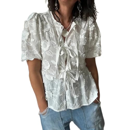 WangsCanis Damen Mode Oberteil mit Schößchen Vorne zum Binden Y2K Hemd Puffärmel Schnürung Schleife Rüschensaum Babydoll Krawatte Blusen (Weiß Blumen, L) von WangsCanis