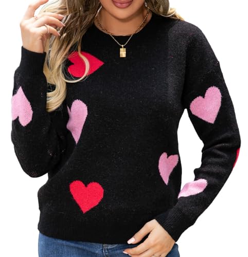 WangsCanis Damen Mode Pullover mit Herz Aufdruck Romantisch Übergroßer Pullover Top Liebe Herz Langarm Valentinstag Pullover Strickkleidung (2 Pink Red Black, L) von WangsCanis