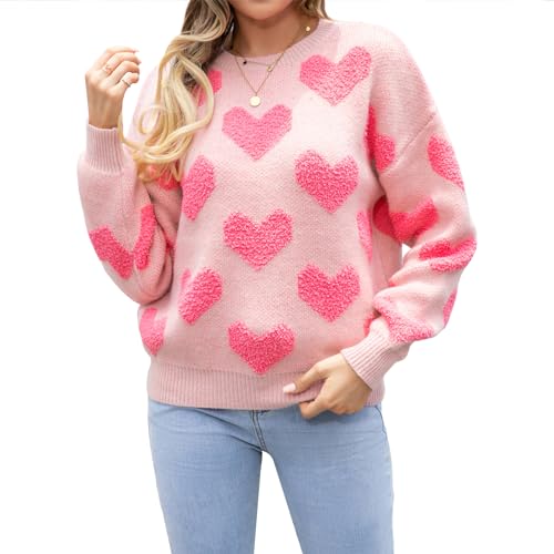 WangsCanis Damen Mode Pullover mit Herz Aufdruck Romantisch Übergroßer Pullover Top Liebe Herz Langarm Valentinstag Pullover Strickkleidung (2 Pink and Pink, XL) von WangsCanis