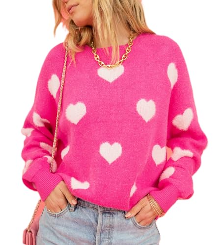 WangsCanis Damen Mode Pullover mit Herz Aufdruck Romantisch Übergroßer Pullover Top Liebe Herz Langarm Valentinstag Pullover Strickkleidung (2 Rose Red, XL) von WangsCanis