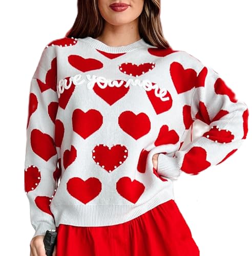 WangsCanis Damen Mode Pullover mit Herz Aufdruck Romantisch Übergroßer Pullover Top Liebe Herz Langarm Valentinstag Pullover Strickkleidung (3 Hearts Red, M) von WangsCanis