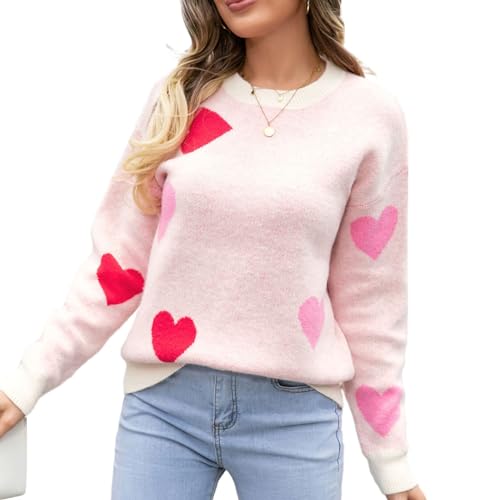 WangsCanis Damen Mode Pullover mit Herz Aufdruck Romantisch Übergroßer Pullover Top Liebe Herz Langarm Valentinstag Pullover Strickkleidung (3 Pink Red White, S) von WangsCanis