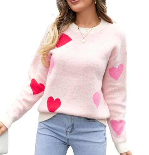 WangsCanis Damen Mode Pullover mit Herz Aufdruck Romantisch Übergroßer Pullover Top Liebe Herz Langarm Valentinstag Pullover Strickkleidung (3 Pink Red White, XL) von WangsCanis