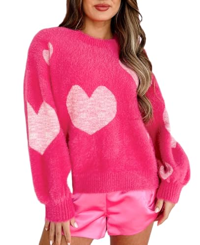 WangsCanis Damen Mode Pullover mit Herz Aufdruck Romantisch Übergroßer Pullover Top Liebe Herz Langarm Valentinstag Pullover Strickkleidung (3 Rosy Pink Heart, L) von WangsCanis