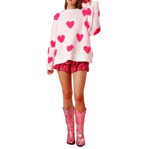 WangsCanis Damen Mode Pullover Mit Herz Aufdruck - Romantisch Übergroßer Top, Liebe Herz Langarm Valentinstag Strickkleidung (Rosa A, L) von WangsCanis