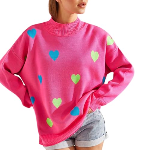 WangsCanis Damen Mode Pullover mit Herz Aufdruck Romantisch Übergroßer Pullover Top Liebe Herz Langarm Valentinstag Pullover Strickkleidung (Rose, XL) von WangsCanis