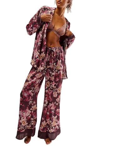 WangsCanis Damen Satin Pyjama 2-teilig Set Blumenmuster Seide Lounge Set Langarm Knopfverschluss Shirt Hemd, Weites Bein Hose Frauen Freizeitkleidungs Set (Fuchsia, L) von WangsCanis