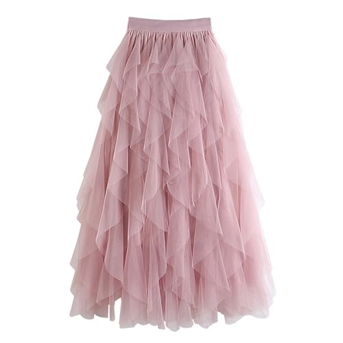 WangsCanis Damen Tüllrock Elastische Taille Unterrock Ballettrock Faltenrock Maxirock Sheer Tutu Tüll Rock, Einheitsgröße, Rosa von WangsCanis
