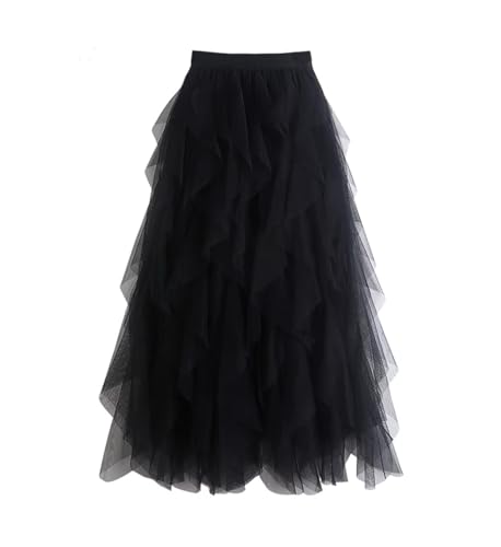 WangsCanis Damen Tüllrock Elastische Taille Unterrock Ballettrock Faltenrock Maxirock Sheer Tutu Tüll Rock, Einheitsgröße, Schwarz von WangsCanis