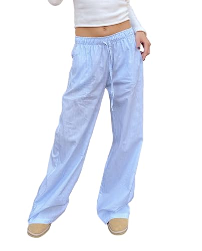 WangsCanis Damen Y2k Gestreifte Lounge Hose Nadelstreifen Hose mit Weitem Bein Hose mit Hoher Taille Lockere Ausgehhose mit Tasche (Cc Blau, 38, M) von WangsCanis