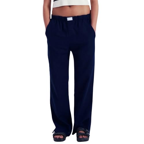 WangsCanis Damen Y2k Gestreifte Lounge Hose Nadelstreifen Hose mit Weitem Bein Hose mit Hoher Taille Lockere Ausgehhose mit Tasche (Dunkelblau, 36,S) von WangsCanis