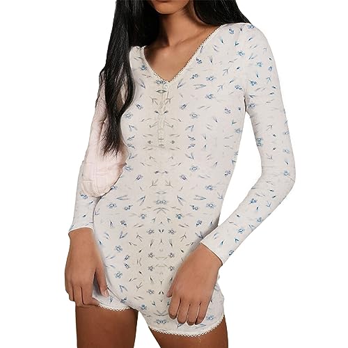 WangsCanis Damen Y2k Langarm Strampler Blumen Druck Overall Shorts Pyjama Einteiler Figurbetonter Body Frauen Nacht Jumpsuits Kleidung Nachtwäsche (Blumen Blau, S) von WangsCanis