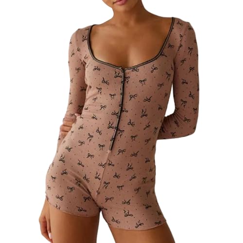 WangsCanis Damen Y2k Langarm Strampler Blumen Druck Overall Shorts Pyjama Einteiler Figurbetonter Body Frauen Nacht Jumpsuits Kleidung Nachtwäsche (Braun, S) von WangsCanis