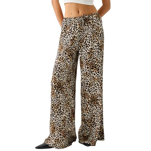 WangsCanis Damen Y2k Leopard Lounge Hose Leopardenfedern Hose mit Weitem Bein Hose mit Hoher Taille Lockere Ausgehhose mit Tasche (Leopard, L) von WangsCanis