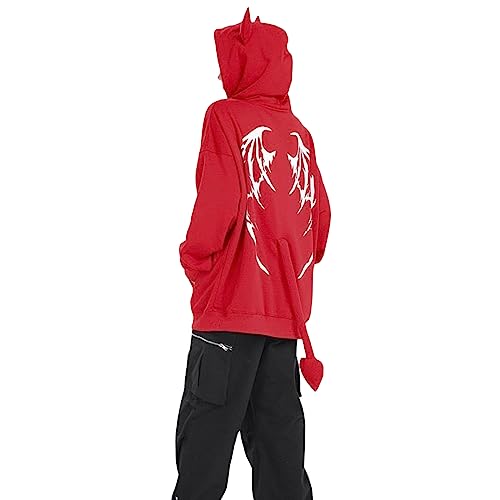 WangsCanis Damenjacke mit Kapuze, mit Tasche, Sweatshirt, Reißverschluss, Halloween, Kapuzenjacke, Teufelsflügel, Dekoration Vampir, Teufelsschwanz, Rot, 36 von WangsCanis