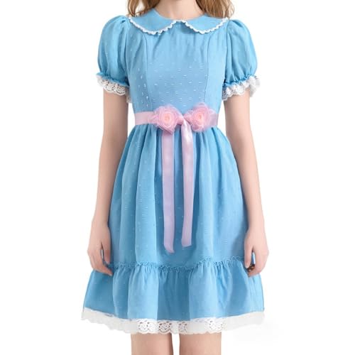 WangsCanis Frauen Halloween Gardy Twins Cosplay Kleid Kurz Puffärmel Swiss Dots Muster Lolita Knielanges Kleid Blau Baby Doll Twin Sisters Kostüm Neuheit Kleid (Blau, L) von WangsCanis
