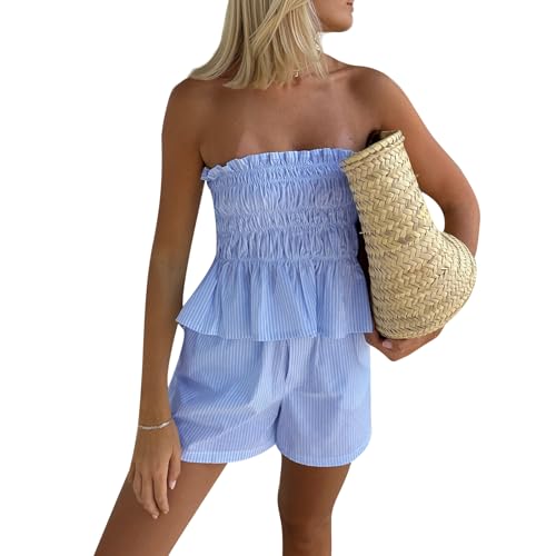 WangsCanis Frauen Sommer Bekleidungsset Shorts Set 2PCS Rüschen Ärmellose Röhren-Oberteile Elastische Taillierte Kurze Hosen Böden Y2K Geraffte Rüschen Loungewear (Blau Streifen, S) von WangsCanis
