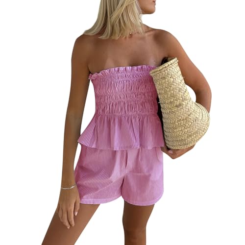 WangsCanis Frauen Sommer Bekleidungsset Shorts Set 2PCS Rüschen Ärmellose Röhren-Oberteile Elastische Taillierte Kurze Hosen Böden Y2K Geraffte Rüschen Loungewear (Rosa Streifen, M) von WangsCanis